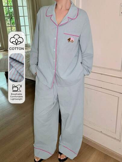 Dazy Plus Plus Size Women Casual Cartoon Patch Pocket Pajama Set, Turndown Collar Long Sleeve Shirt And Straight Leg Pants, Spring/Autumn Sleepwear