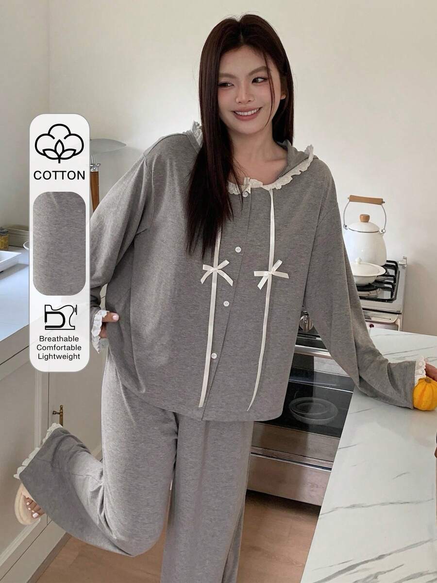 Dazy Plus 大码女式纯色撞色蕾丝休闲连帽长袖上衣和直筒宽松睡裤套装，春秋季 - 灰色 - 查看 1