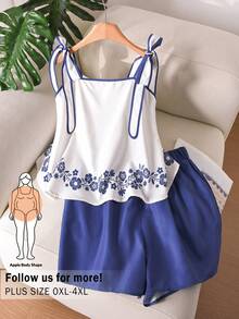 CosyJoli 大码印花吊带背心和短裤两件套，休闲度假装 - 白色 - 查看 1