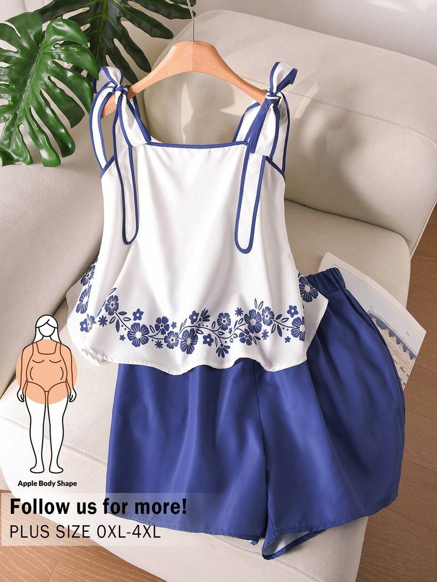 CosyJoli 大码印花吊带背心和短裤两件套，休闲度假装 - 白色 - 查看 1