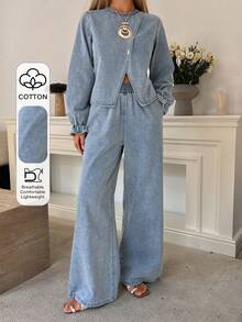 DAZY Conjunto informal de mujer con camisa de cuello redondo con cinturón y pantalón vaquero de pierna ancha, apto para boda o invitada, primavera/otoño - Azul lavado medio - Ver 1