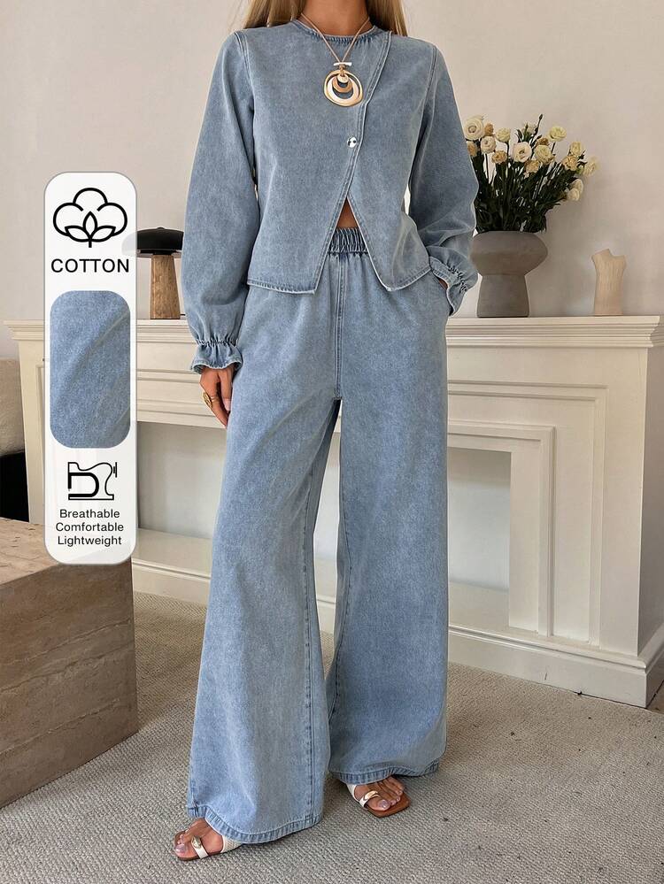 Women's Casual Washed Oblique Collar Round Neck Belt Shirt And Wide Leg Jeans Suit, Spring/Autumn,Wedding Guest Dress Women