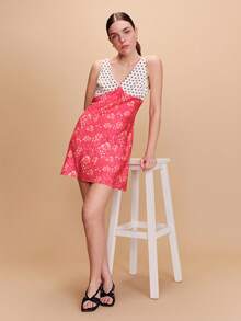 lacRébo 波点胸前印花裙摆迷你连衣裙，春夏法式巴黎风波点连衣裙，缎面连衣裙，度假连衣裙，碎花连衣裙，外出连衣裙 - 彩色 - 查看 4