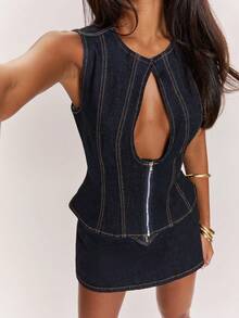SHEIN BAE Women's Cutout Zipper Front Sleeveless Sexy Denim Crop Top - Dark Wash - View 7