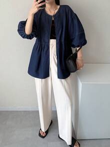 FRIFUL Áo sơ mi denim dáng rộng tay phồng, khóa kéo phía trước dành cho nữ - Màu xanh lam - Xem 8