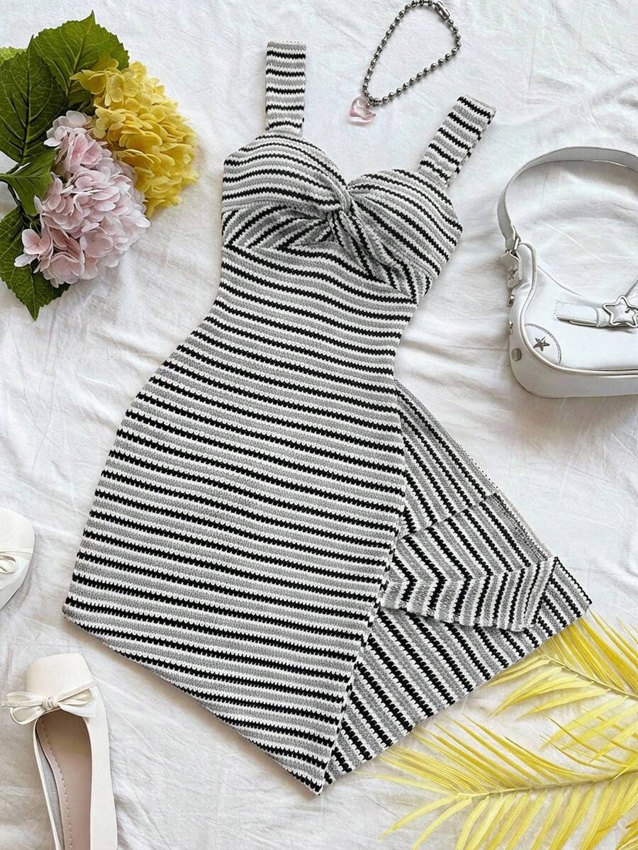 Soleia Women's Vacation Striped Twist Design Casual Spaghetti Strap Mid-Length Dress - Grey - View 1