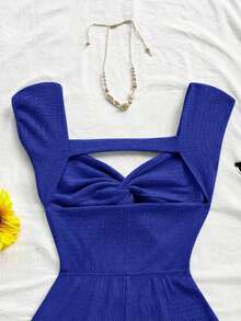 Soleia WYWH 女士度假针织条纹扭结前开襟深V连体裤，适合派对、约会、情人节、复活节、狂欢节、下午茶、海滩、邮轮、城市度假、秋冬季叠穿 - 寶藍色 - 查看 5