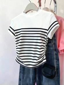 Franclia 女士户外休闲修身T恤，夏季新品，户外服饰，收腰设计，黑白撞色，黑白条纹，爱心印花，返校季，教师节，女士T恤 - 彩色 - 查看 2