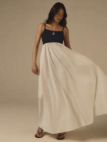 COSMINA 女士优雅吊带撞色褶皱中长连衣裙，通勤、办公、外出、波西米亚风度假、休闲等场合皆宜 - 黑與白 - 查看 4