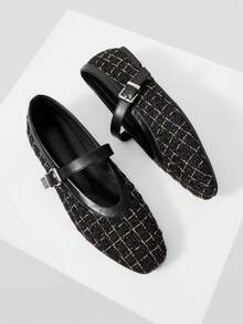 MOTF PREMIUM 女士通勤休闲舒适百搭玛丽珍方头平底鞋 - 黑色毛呢 - 查看 9