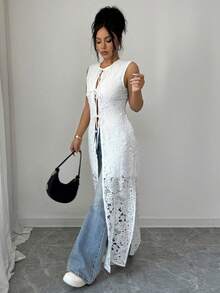 SHEIN Raffinéa Women's Elegant Lace-Up Long Dress, Summer - White - View 3
