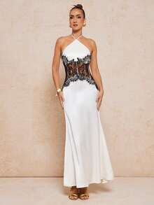 Lumalex 女士优雅性感撞色蕾丝拼接露背连衣裙 - 象牙白色 - 查看 14