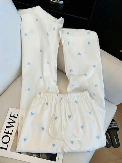 GlowEve Pantalones largos con estampado de corazones y cordón en la cintura - Patrón floral aleatorio para mujer