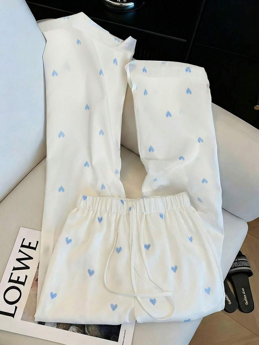 GlowEve Women's Heart Print Drawstring Waist Long Pants - Random Floral Pattern - White - View 1