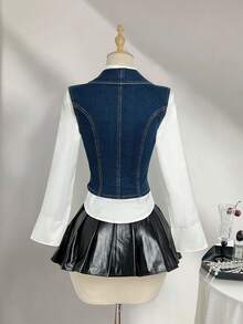 Elamini Y2K Fashion Casual Retro Lapel Open Front Denim Vest - Medium Wash - View 2