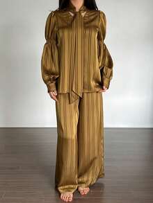 DAZY 2pcs Striped Pattern Loose Cardigan Shirt & Long Pants Pajama Set For Women, Autumn - Coffee Brown - View 5