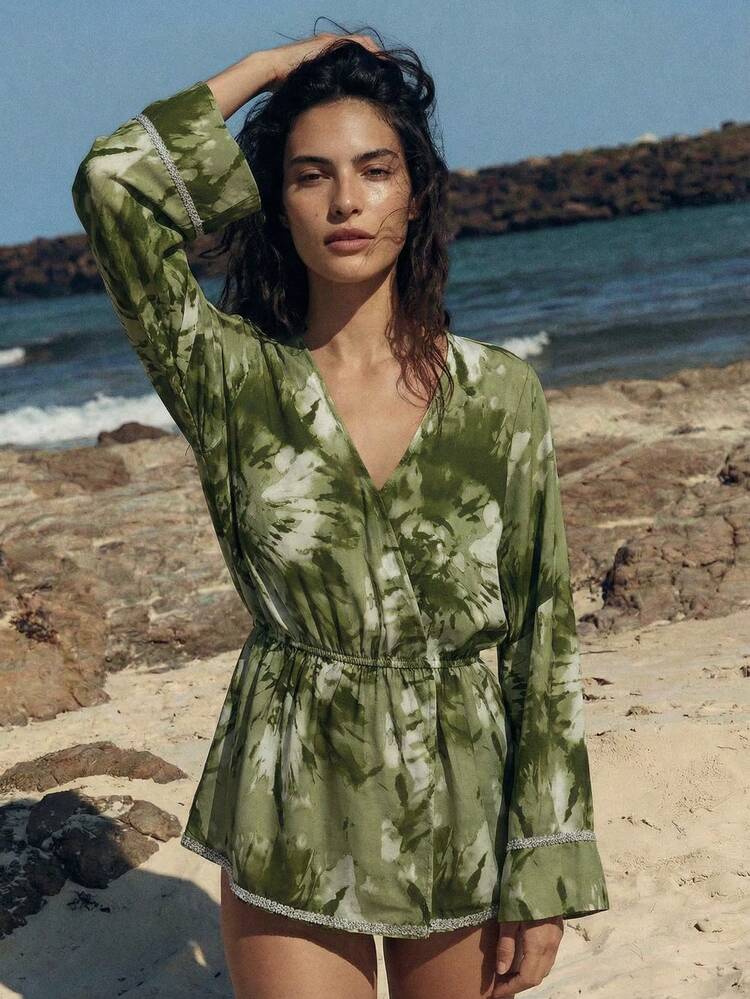 SHEIN Maija Women's Tie-Dye V-Neck Long Sleeve Cover-Up Green Sage Green Olive Green,Vacation Outfits Women,Summer Holiday Outfits ,Beach Vacation Outfits For Women Resort Wear Women Green Vacation Outfit Women's Beach Outfits Women's Holiday Co Ord Playsuits For Women Holiday Women's Holiday Clothes Women's Spring Dress Cover Ups For Swimwear