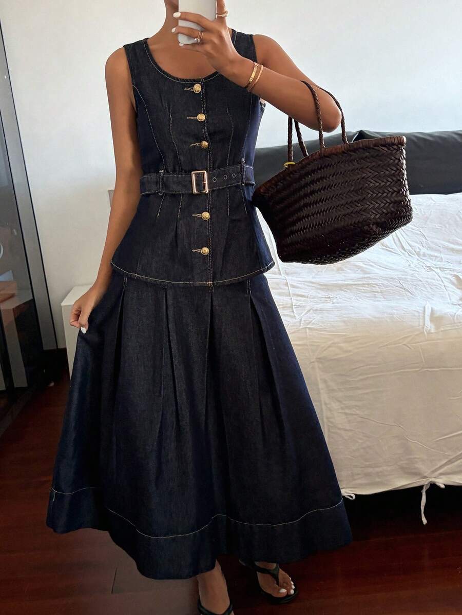 Livesso Crew Neck Sleeveless Top & Denim Skirt Women 2-Piece Set - Blue - View 1