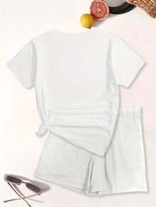 INAWLY 2pcs Women's Face Print Round Neck Short Sleeve Top And Solid Color Shorts Set - White - View 2