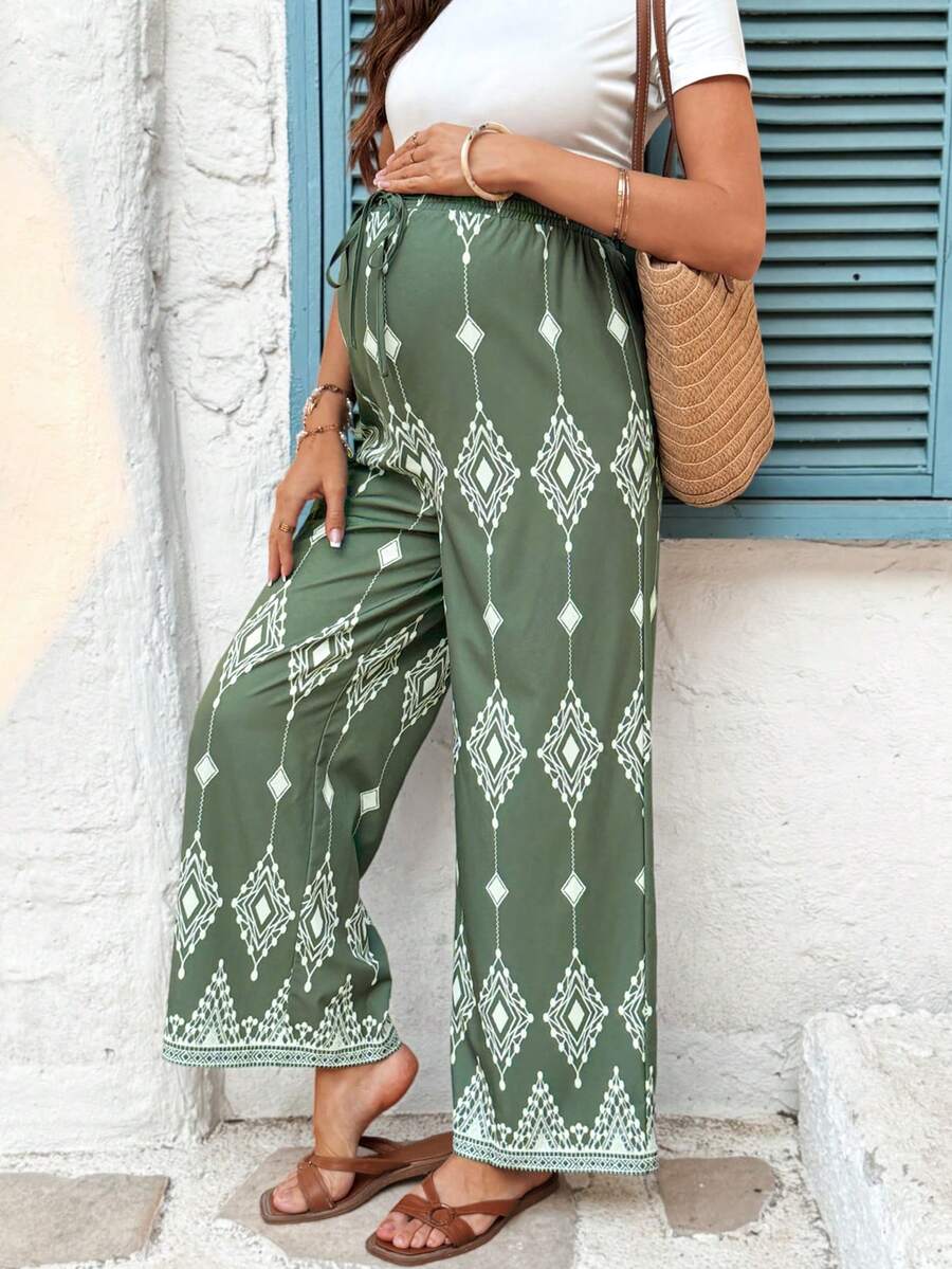 SHEIN Summer Outfit Vacation   Green Bohemian Print Maternity Loose-Fitting Pants With Elastic Waistband Maternity Geometric Pattern Tie-Waist Wide Leg Pants For Vacation - Green - View 1