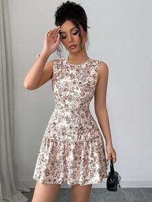 SHEIN PETITE 女士休闲圆领印花荷叶边下摆无袖短裙 - 彩色 - 查看 3