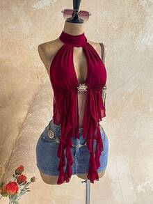 Soleia 女士纯色金属太阳装饰吊带上衣 - 紅色 - 查看 1