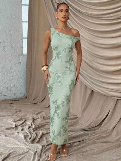 Lumalex Mint Green Asymmetrical Shoulder Sleeveless Fitted Green Mesh Dress With 3D Floral Applique, Bodycon Evening Gown, Slimming Design, Spring/Summer, Beach Dress, Summer Dresses For Women, Spring Outfit Women, Valentine's Day Outfit, Beach Dress, Beach Outfits, Carnival Women Look 2026, Party Dress, Elegant Party Dresses For Women, Wedding Guest Dress For Women, Elegant Dresses For Women, Vacation Outfits For Women, Vacation Dress, Business Casual, Formal Dress, Luxury Evening Dress For Women, Valentine's Day Ideas, Romantic Valentine Vibes, Casual Dresses For Women, Neo Girly Mood, Boho Casual Vibes, Quiet Luxury Style, Suitable For Parties, Dates, Going Out, Night Out, Weddings, Holiday, Vacation, Birthday Parties