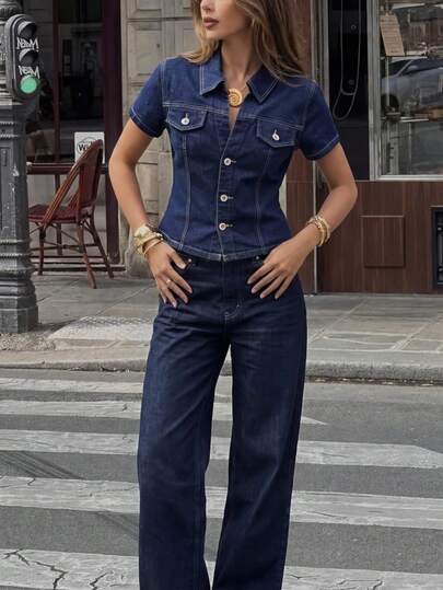 Aloruh Women's Front Button Casual Versatile Short Sleeve Denim Blouse,Summer,Spring, Vacation,