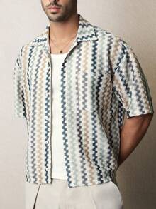 SUMWON 宽松版型钩针编织度假衬衫，短袖，几何图案，夏季度假风，纽扣领，休闲宽松款 - 彩色 - 查看 5