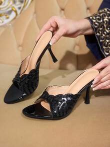 CUCCOO TILAWA Giày sandal cao gót thời trang, thanh lịch dành cho nữ, đính sequin, thích hợp dự tiệc. - màu đen - Xem 9