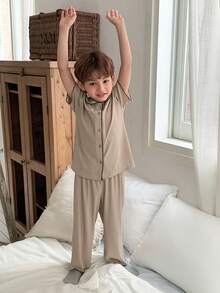 Dazy Kids Young Boy Mandarin Collar Short Sleeve Single-Breasted Top And Pants Pajama Set - Khaki - View 6