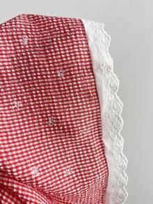 Sweetra French Romantic Red Plaid Bow Accent Fashionable Puff Sleeve Design Cinched Waist Elegant Girly Summer Versatile Office Lady Blouse - Red - View 6