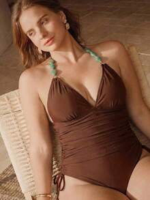 Swim Chiccia Bộ bikini gợi cảm dành cho nữ cỡ lớn, gồm áo bơi cổ yếm xếp ly ở eo và quần bơi tam giác kiểu hộp đêm. - màu nâu - Xem 4