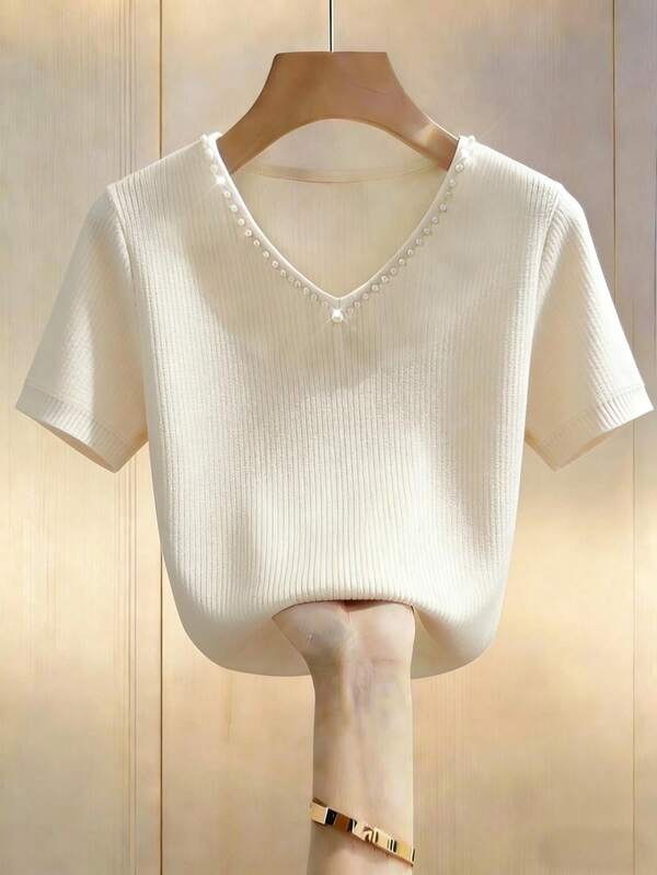 Franclia Áo thun ngắn tay cổ chữ V thanh lịch và sang trọng, áo thun trắng dáng rộng thoải mái, áo thun mùa hè cho nữ, áo mùa hè, áo nữ mặc ngoài trời.