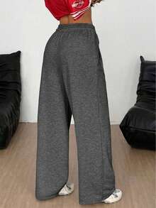 SHEIN Teen Girls' Loose Casual Comfortable Mid-Waist Contrast Color Drawstring Sweatpants, Autumn/Winter Wide Leg Sweatpants Comfy Pants Baggy Sweat Pants Loose Pants - Dark Grey - View 2