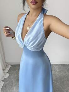 Elenzga Generic Women's Light Blue Satin Halter Maxi Dress, Elegant Deep V Neck Sleeveless A-Line Flowy Formal Dress For Cocktail Party Wedding Guest Bridesmaid Evening Prom - Blue - View 7