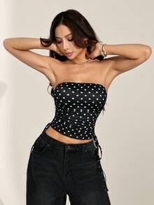 SHEIN PETITE 女士休闲简约Y2K黑白波点印花褶皱系带露脐上衣，哥特风，适合外出穿着，裹身式上衣 - 黑色 - 查看 7