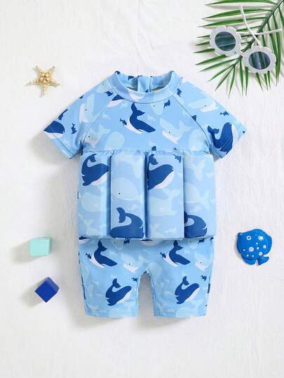 SHEIN Traje de baño de verano informal y lindo para bebé niño con diseño de tiburón y delfín, adecuado para playa, arena y balneario