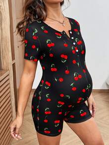 SHEIN 孕妇休闲樱桃印花连体衣，夏季 - 黑色 - 查看 3