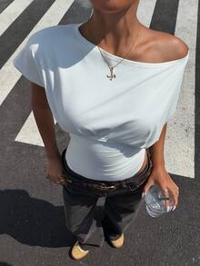 Muchica White Knit Asymmetrical Shoulder Cinched Bodysuit For Women,Summer/Spring Clothes Women,Going Out Outfits - White - View 3