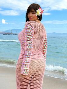 GalTyme 大码女式镂空串珠肩部长袖沙滩度假毛衣，性感时尚优雅上衣 - 粉色 - 查看 2