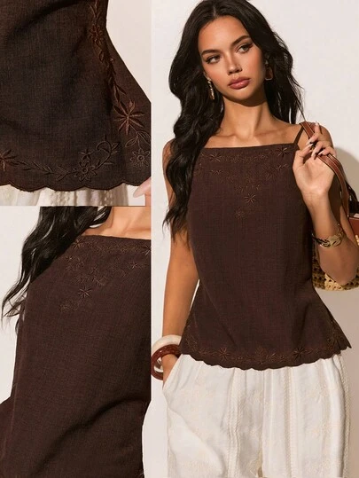 Poéselle Women's Floral Embroidery Decor Vintage Camisole Sexy Backless Vacation Tank Top,Brown Top,Going Out Top ,Casual Blouses For Women,Summer Holiday Top,Beach Outfits For Women,Vacation Outfits For Women,Summer Top,Spring/Summer