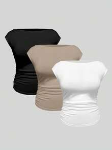 EMERY ROSE Camiseta casual de cuello de barco con pliegues de unicolor para mujer de talla grande - Multicolor - Ver 1