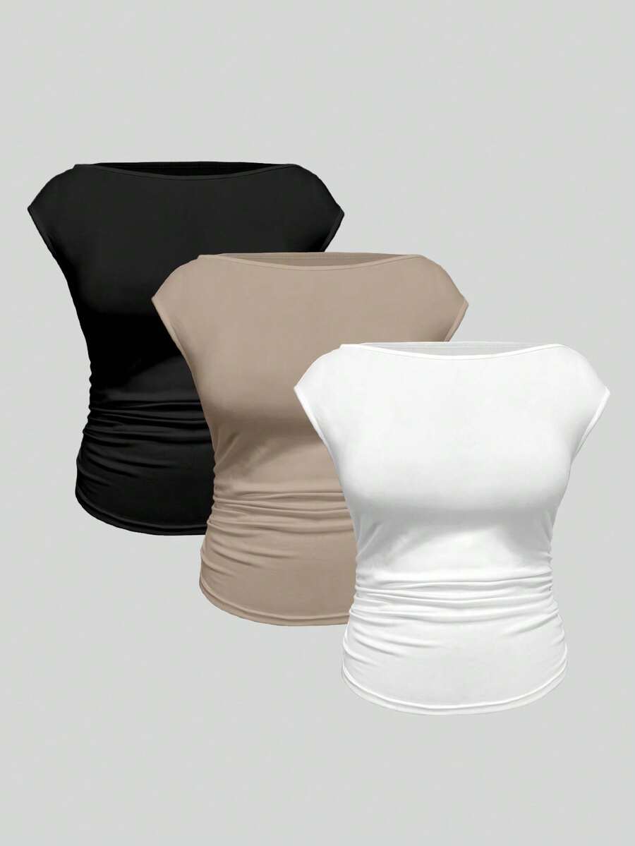 EMERY ROSE Camiseta casual de cuello de barco con pliegues de unicolor para mujer de talla grande - Multicolor - Ver 1