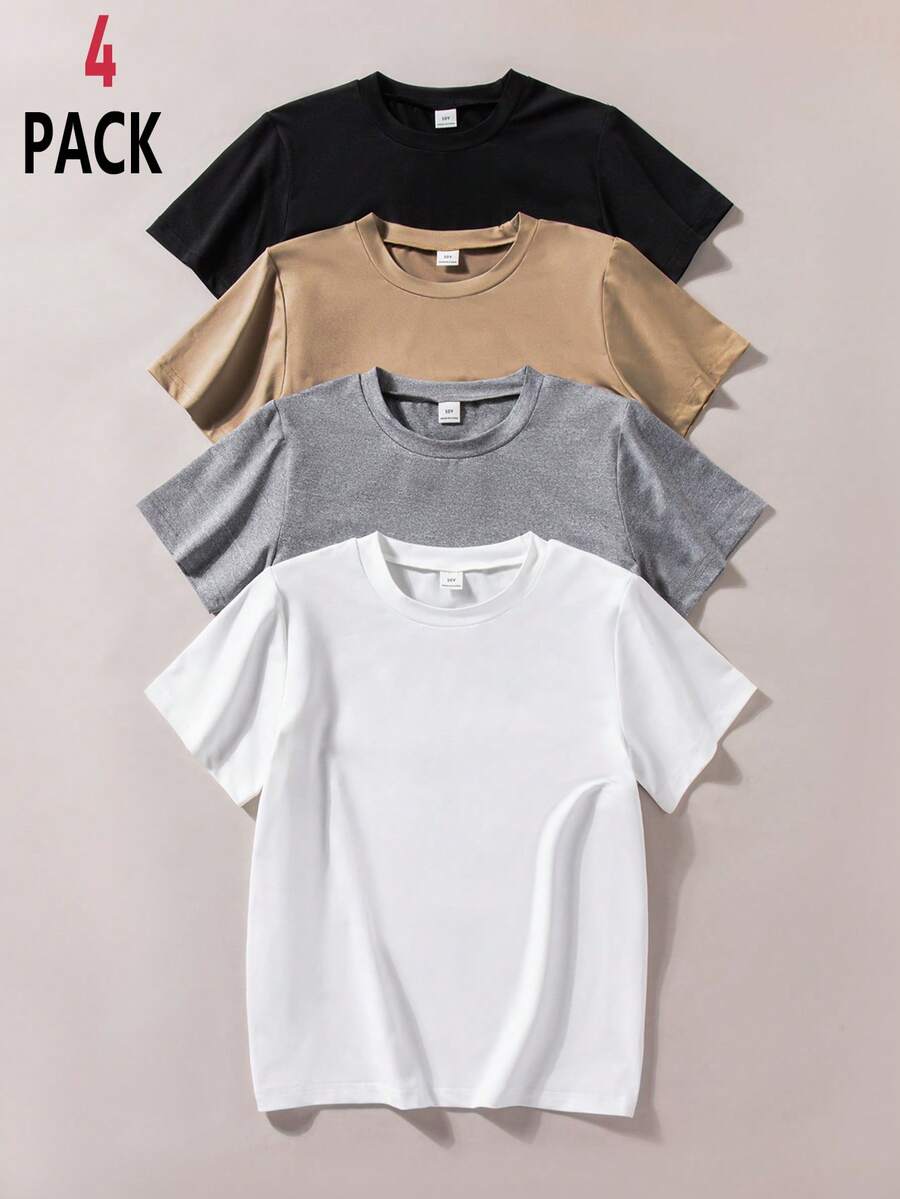 Vacaura Bộ 4 áo thun trắng cơ bản kiểu dáng thường ngày dành cho bé trai, thích hợp cho hoạt động giải trí và thể thao, có thể mặc nhiều lớp hoặc phối cùng các trang phục khác. - Nhiều màu - Xem 1