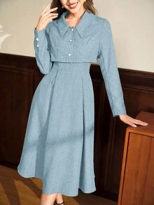 Vintamour 70年代復古風塵藍女士兩件套，方領無袖細肩帶洋裝與長袖外套，珍珠鈕扣裝飾，適合夏季辦公室與秋季穿搭 - 藍色 - 查看 2