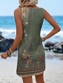 Sylviya 女士休闲复古花卉印花圆领连衣裙，适合春夏季 - 綠色 - 查看 2