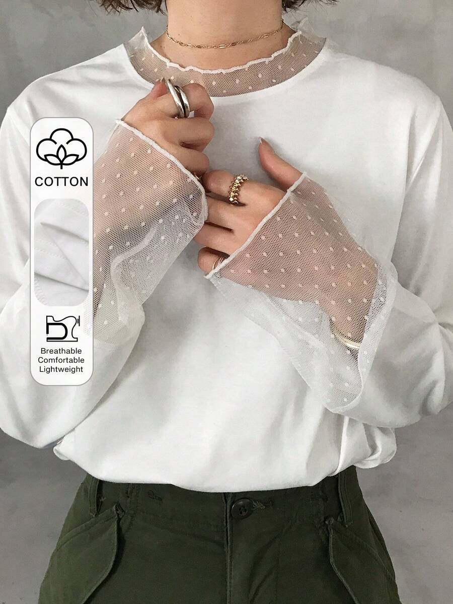 FRIFUL Solid Color Patchwork Sheer Polka Dot Mesh Fabric Loose Casual Versatile T-Shirt - White - View 1