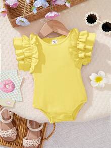 SHEIN Newborn Baby Girl Cute Summer Yellow Ruffled Romper - Yellow - View 1