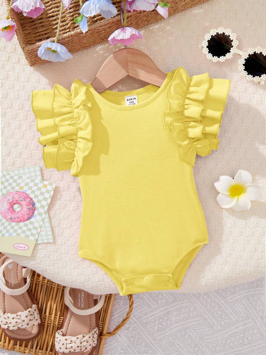 SHEIN Newborn Baby Girl Cute Summer Yellow Ruffled Romper - Yellow - View 1